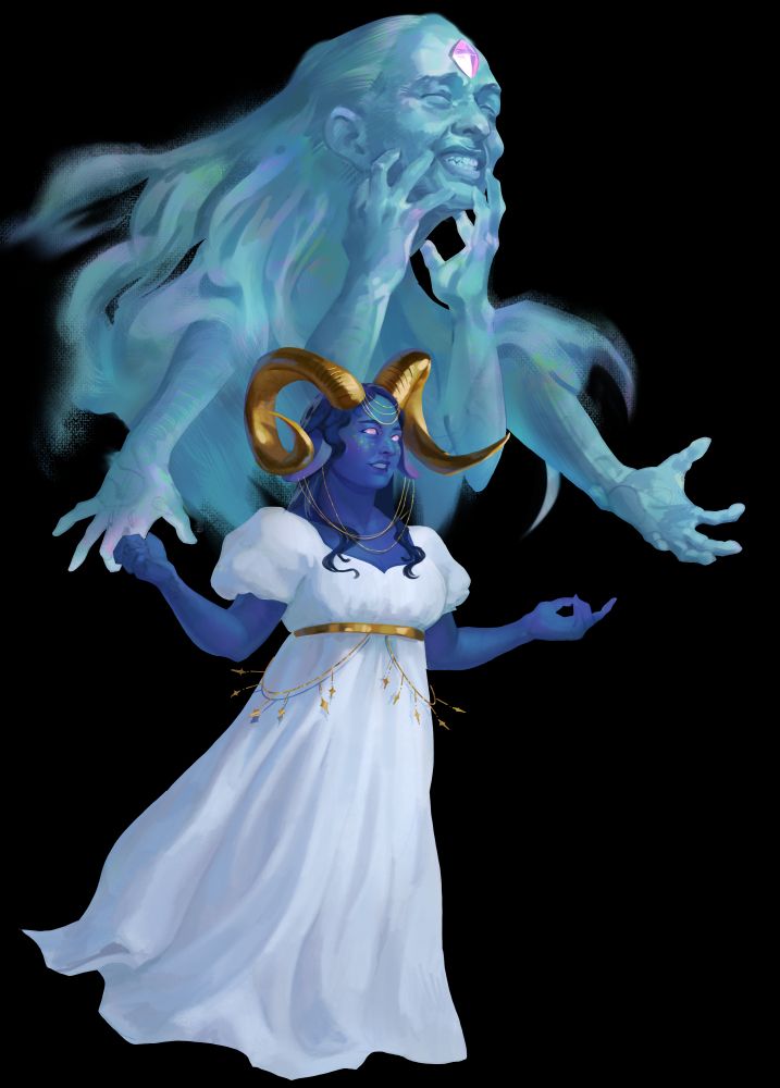A woman with blue skin and golden horns stands beneath a multi-armed ghost. 