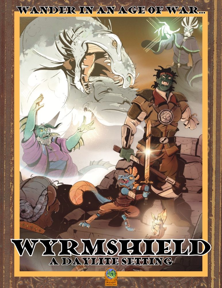 A group of adventurers - a small blue reptilian and a tall green humanoid - stand before a group of powerful mages and their great magnesium dragon. 