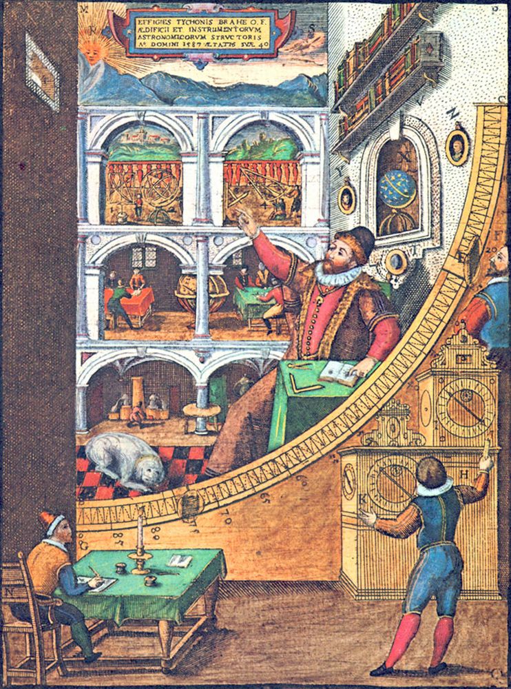 A colored drawing of Tycho Brahe seated within his quadrant muralis, a huge 90-degree section of a circle.
