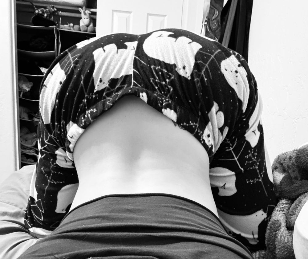 crow bent over in doggy wearing a tiny cropped t shirt and polar bear pajama pants