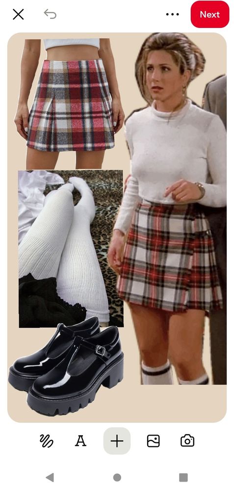 Collage of items I've purchased toward the completion of a "Femboy Rachel Greene" cosplay outfit, inspired by a character of the TV show called "Friends." Plaid red and white mini skirt, white thigh high socks and patent jet black Maryjane platform shoes.  Missing is a white cropped sweater.