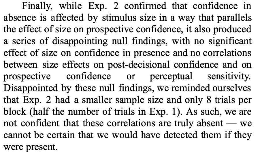 Finally, while Exp. 2 confirmed that confidence in
absence is affected by stimulus size in a way that parallels
the effect of size on prospective confidence, it also produced
a series of disappointing null findings, with no significant
effect of size on confidence in presence and no correlations
between size effects on post-decisional confidence and on
prospective confidence or perceptual sensitivity.
Disappointed by these null findings, we reminded ourselves
that Exp. 2 had a smaller sample size and only 8 trials per
block (half the number of trials in Exp. 1). As such, we are
not confident that these correlations are truly absent — we
cannot be certain that we would have detected them if they
were present.