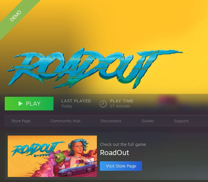 Screenshot of RoadOut demo page in steam library, showing 17 minutes of playtime