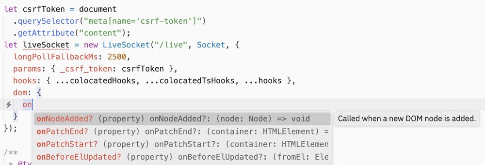 An editor window defining a new LiveView LiveSocket instance. IntelliSense also works on the liveSocket declaration, currently suggesting the available methods in the `dom` property of the LiveSocket parameters.