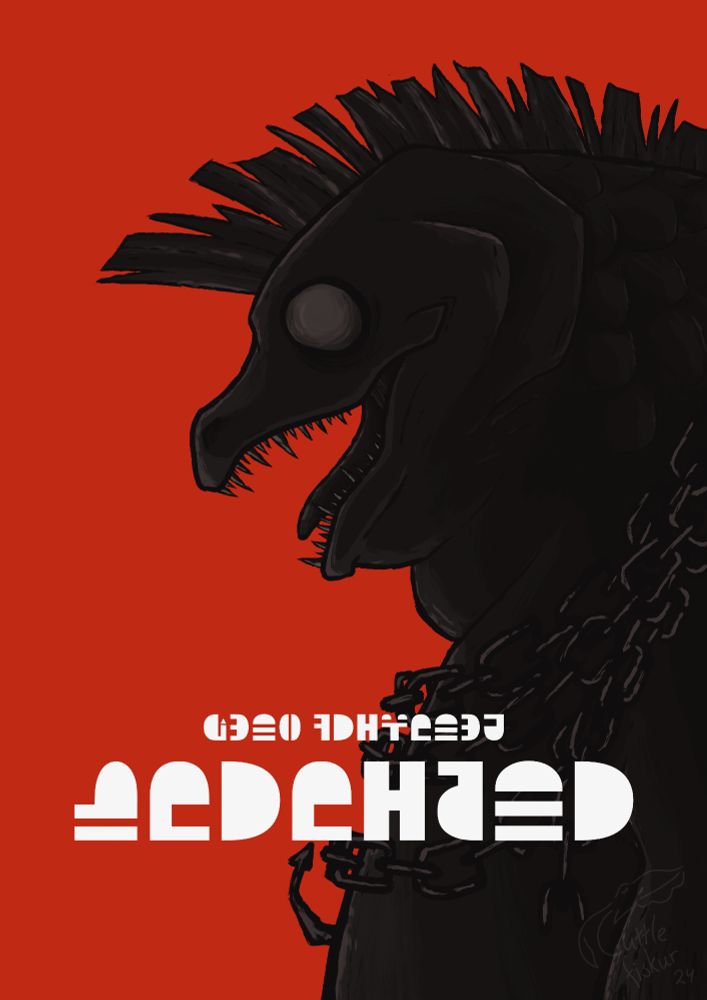 Drawing of Cohozuna from Splatoon 3 colored with various shades of gray, the background is a solid bright red color, there is white text in the lower middle half of the image that says "KING SALMONID" in smaller letters and "COHOZUNA" in larger letters, the font is Halfmoon Script from the Splatoon Series