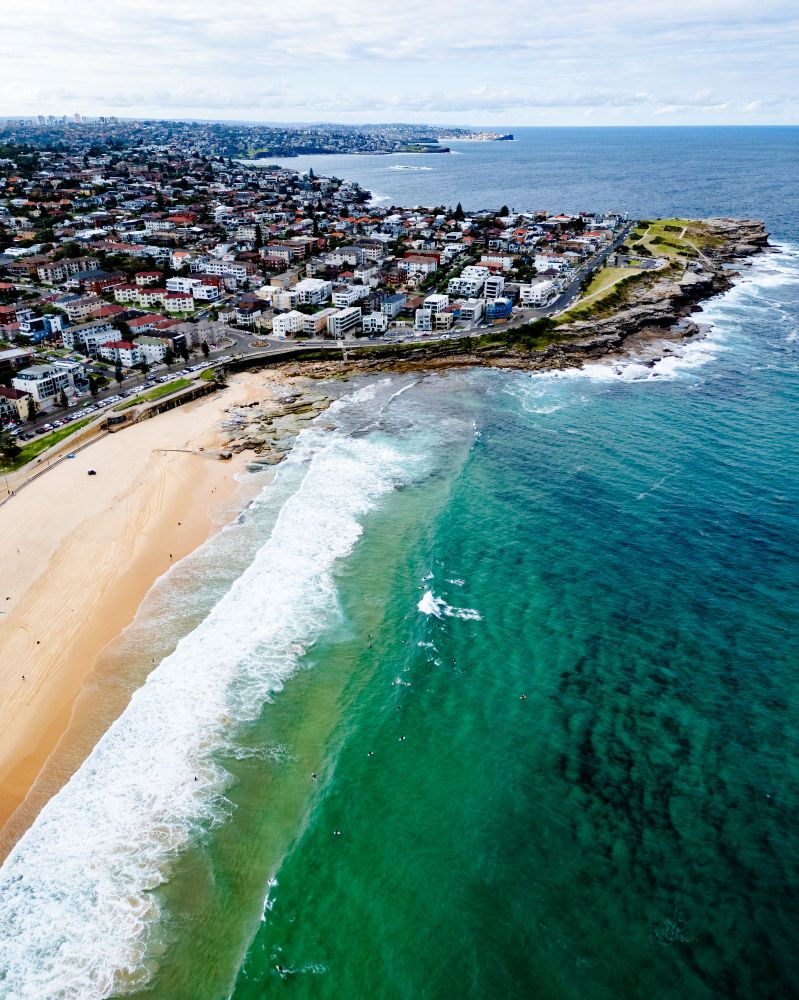 An aerial image showing Maroubra beach and surrounding areas 

