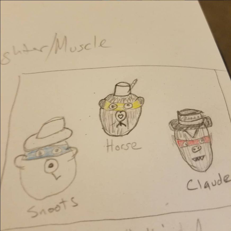 Some bad drawings of some robber bears, named Snoots, Horse, and Claude.