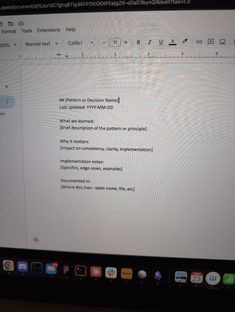 A screenshot of a Google doc with a header written as ## [pattern or decision] which should be formatted as an H2 header in the document if It processed the markdown paste correctly. 