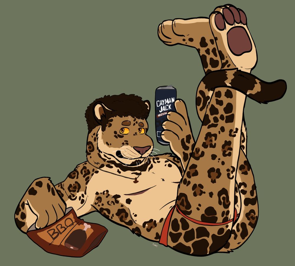 jaguar leopard hybrid with a red jock on holding a Moscow mule cayman jack can with a hand in a bag of bbq chips