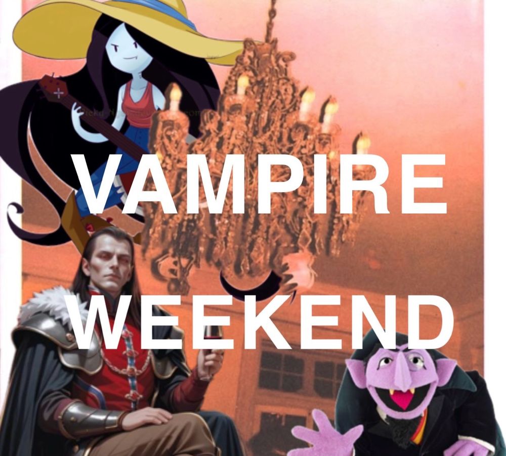 Marceline the Vampire Queen, Strahd von Zarovich, and Count Von Count are at a house party with a chandelier. Music about Oxford commas plays in the background 