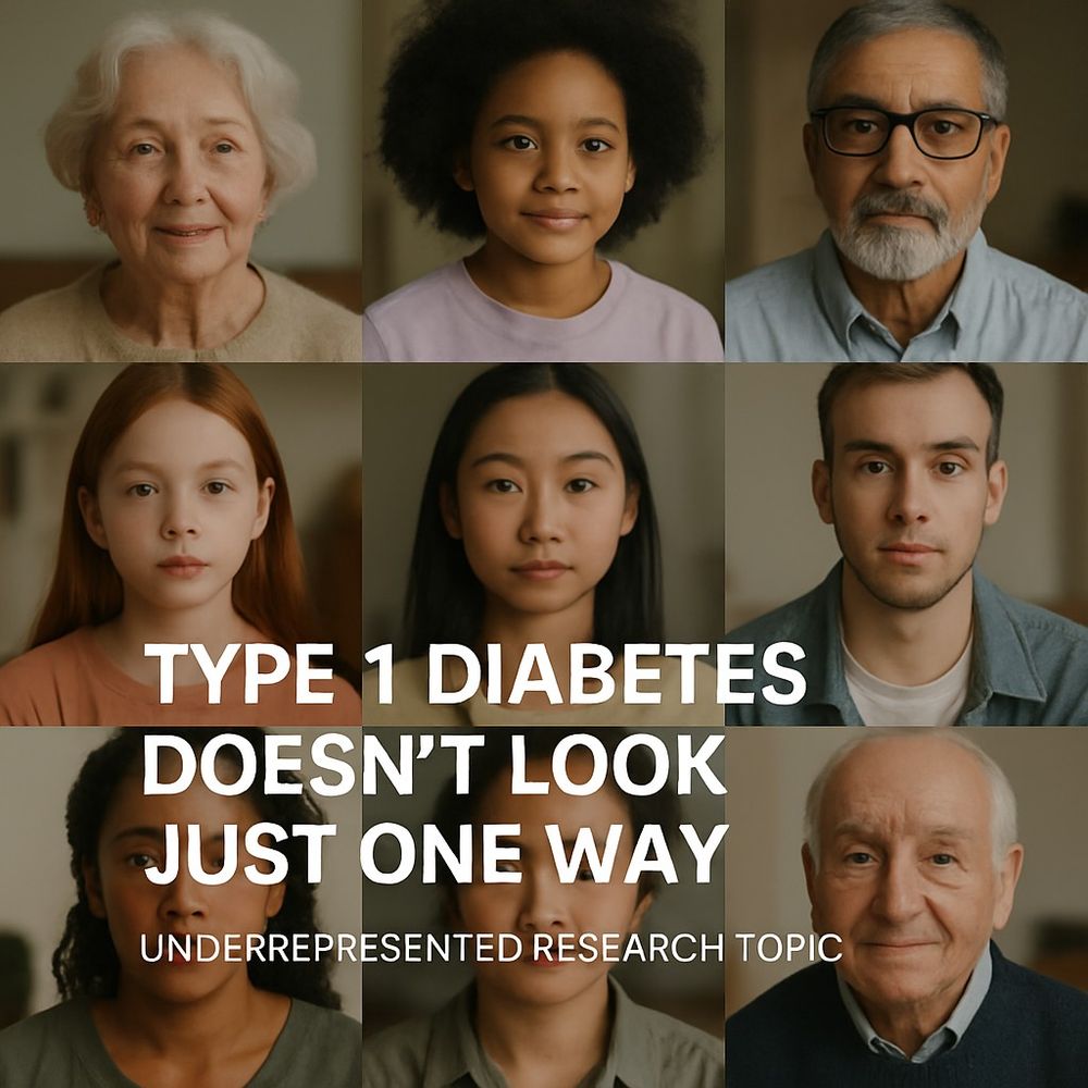 A photo of eight people of different ages and ethnic backgrounds. The text on the image says, "Type 1 Diabetes Doesn’t Look Just One Way" and "Underrepresented research topic." The image highlights the diversity often missing from T1D research.

