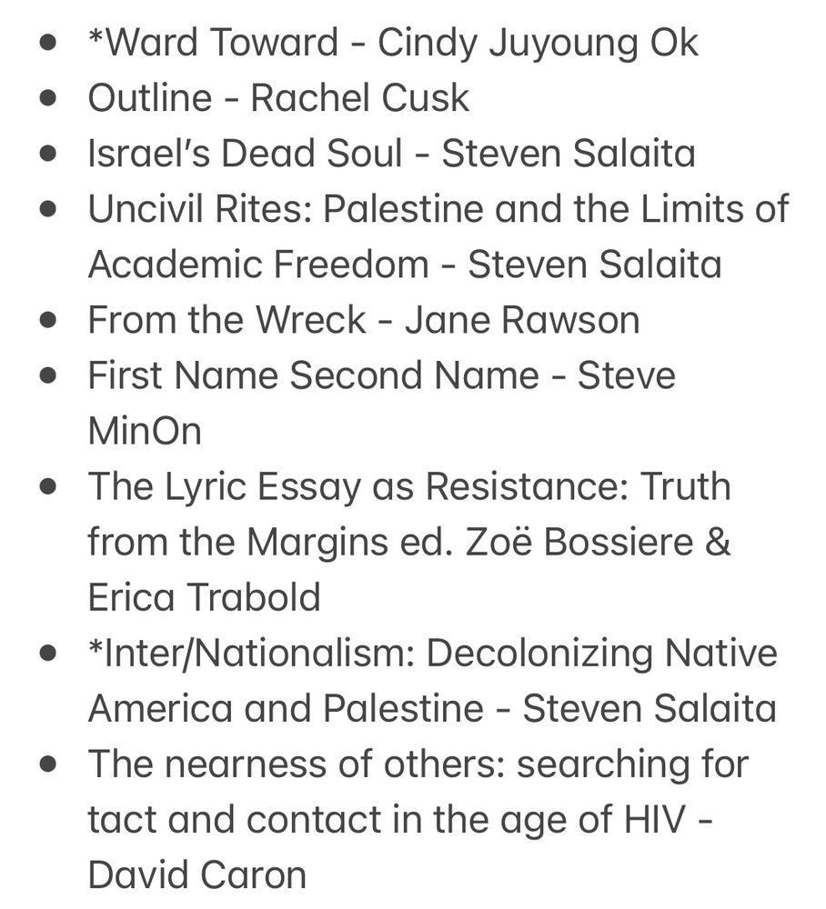 * 
* *Ward Toward - Cindy Juyoung Ok 
* Outline - Rachel Cusk 
* Israel’s Dead Soul - Steven Salaita
* Uncivil Rites: Palestine and the Limits of Academic Freedom - Steven Salaita
* From the Wreck - Jane Rawson 
* First Name Second Name - Steve MinOn
* The Lyric Essay as Resistance: Truth from the Margins ed. Zoë Bossiere & Erica Trabold 
* *Inter/Nationalism: Decolonizing Native America and Palestine - Steven Salaita 
* The nearness of others: searching for tact and contact in the age of HIV - David Caron 
* Ritual: A Collection of Muslim Australian Poetry ed. Sara M Saleh & Zainab Syed with Manal Younus 
* Inara: Light of Utopia ed. Mx. Yaffa AS
* *The Drop Off - David Stavanger 
* *Radius: A Story of Feminist Revolution - Yasmin El-Rifae
* Unruly Visions: The Aesthetic Practices of Queer Diaspora - Gayatri Gopinath
* *We Do Not Part - Han Kang
* Fragile Creatures - Khin Myint 
* Precarious Life: The Powers of Mourning and Violence - Judith Butler
* *The Nightmare Sequence - Omar Sakr & Safdar Ahmed 
* Quarterlife - Devika Rege 
* *Argento Series - Kevin Killian 
* The White Cockatoo Flowers - Ouyang Yu
* Theophanies - Sarah Ghazal Ali