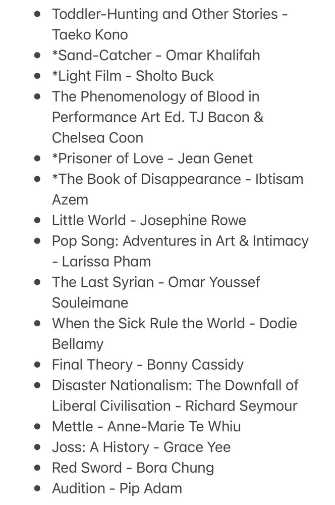 * Toddler-Hunting and Other Stories - Taeko Kono 
* *Sand-Catcher - Omar Khalifah
* *Light Film - Sholto Buck 
* The Phenomenology of Blood in Performance Art Ed. TJ Bacon & Chelsea Coon
* *Prisoner of Love - Jean Genet 
* *The Book of Disappearance - Ibtisam Azem
* Little World - Josephine Rowe 
* Pop Song: Adventures in Art & Intimacy - Larissa Pham 
* The Last Syrian - Omar Youssef Souleimane 
* When the Sick Rule the World - Dodie Bellamy 
* Final Theory - Bonny Cassidy 
* Disaster Nationalism: The Downfall of Liberal Civilisation - Richard Seymour 
* Mettle - Anne-Marie Te Whiu
* Joss: A History - Grace Yee 
* Red Sword - Bora Chung 
* Audition - Pip Adam