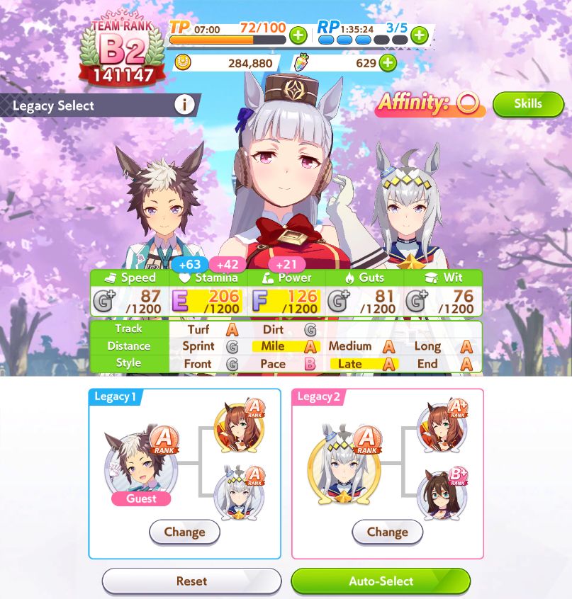 goldship on the legacy select page with mejiro ryan (left) and oguri cap (right) - goldship is getting +105 stamina and +21 power because of sparks