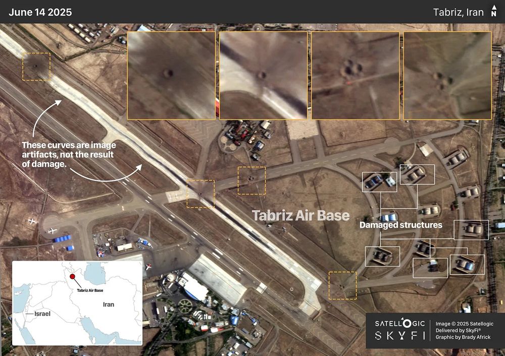 Damage to Tabriz Air Base in Iran. Graphic by Brady Africk. Satellite image © 2025 Satellogic. Delivered by SkyFi®

