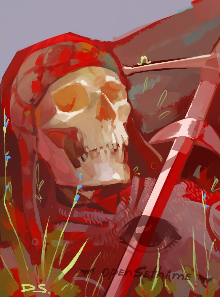 vibrant portrait of a skeleton knight laying in grass. His surroundings are painted with big rough blocky strokes to appear sunlit and tranquil. he is holding the hilt of his great sword in front of his face to observe a tiny inchworm crawling up it's guard