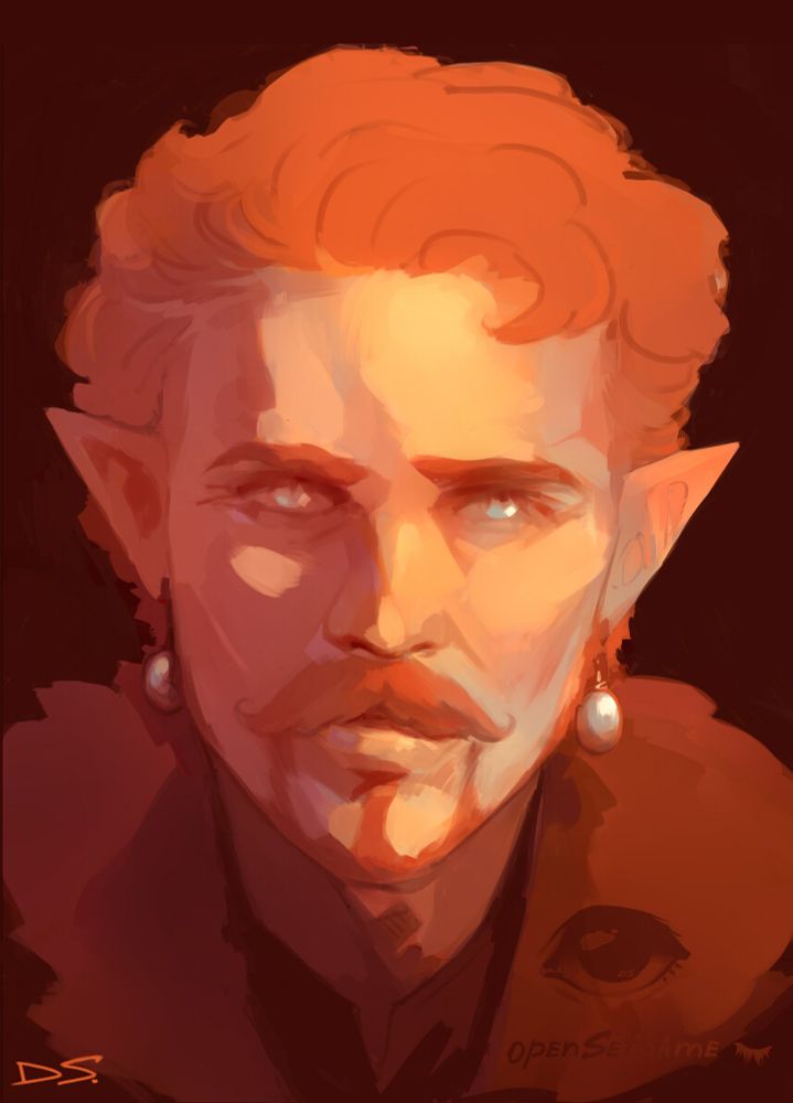 Painterly portrait of a dhampir man with shorter point ears, blue eyes, short ginger hair with a nice swoop and a mustache.  Pearl earrings in a slight oval shape dangle from his ears. 

He wears a shirt and something over it with a fluffy collar that is not further detailed. 
His face is hit by warm yellow-orange light from the right.
The overall colors are  muted reds, browns and oranges. The background is simple in dark red.