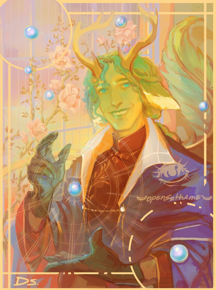 Painted halfbody of a character with mid-length, slightly wavy, green hair; antlers, green-blue eyes, green skin and fluffy deer like ears, and a long tail with a green fluffy tuft at the end.  The character wears a broad smile on their face. They are wearing a nice outfit. The brown-red shirt with gold embroidery and trim is mostly covered up by a rich-blue robe that has some silver accents and a silver collar. The character's left hand is held horizontally slightly under his chest, while the right hand is held more vertically. They wear dark gloves. Between the hands is a magical orb, accompanied by a slight glow and stylistic glow lines. 

Magical orbs, like the one between the characters hands, flow in the area around them. 

Climbing roses climb up a window that is attached to a wall at the right. The sky behind it is in soft pastel colours in purple, pink, orange and yellow.

The whole piece is framed by a soft yellow frame. In the upper left and bottom right corners the otherwise angular frame shifts into one circle each. 
