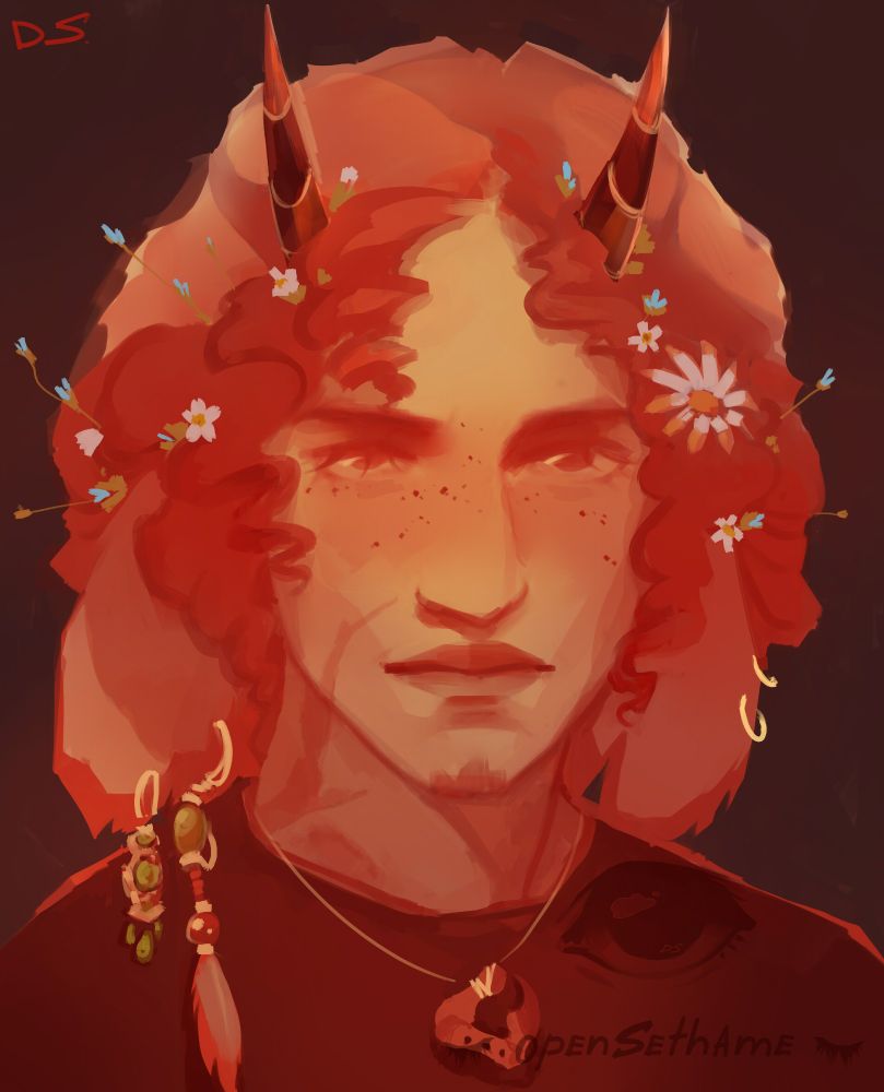 Painterly portrait of a satyr in reds and oranges. He has curly, fluffy brown hair from which multiple different little flowers grow. Long lashes partly cover his otherwise open, dark brown eyes. Through his right side of the neck and his cheek runs a deep scar. On his face are some dark freckles. His horns are small and tipped with gold. Fluffy goat ears hang down, on his right he has two dangling earrings, on his left he wears two little golden rings. He wears a dark red shirt that is not further detailed. Around his neck hangs a necklace with a little whistle shaped like a crooked clawed finger