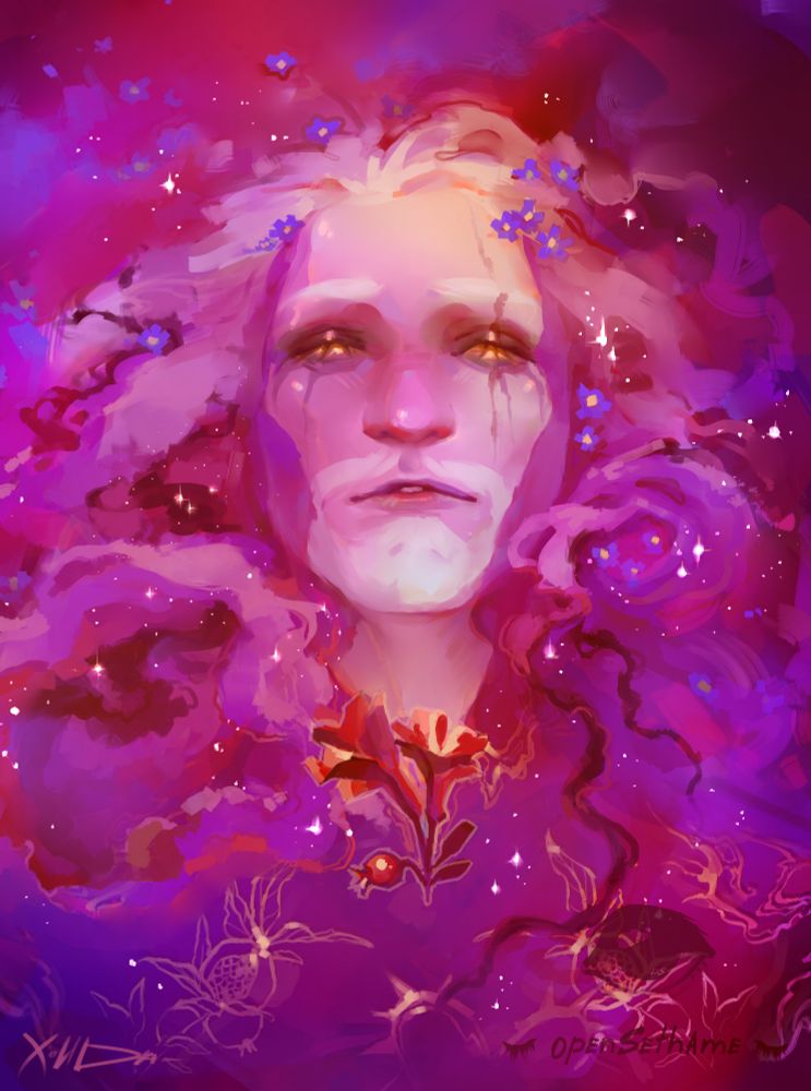 Portrait of a masc changeling with light grey skin and white hair and beard. The gaze of their golden eyes is focused on the camera. They are submerged in space, that surrounds them and their face like water. Stars twinkle in it and their hair floats in soft curls within like galaxies. Forget-me-not flowers float around. 

Swirly golden tattoos are visible on their neck and shoulders. On the chest those tattoos are mainly pomegranates on twigs.
On their neck lays a piece of pomegranate twig, with two flowers and one budbof fruit.

The main colours of this piece are pink, purple  and red hues with white and  golden elements. 
