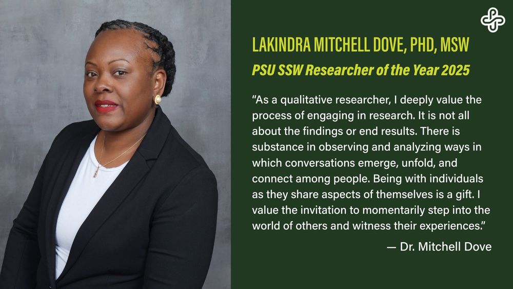 Photo of Dr. Lakindra Mitchell Dove with quote reading, “As a qualitative researcher, I deeply value the process of engaging in research. It is not all about the findings or end results. There is substance in observing and analyzing ways in which conversations emerge, unfold, and connect among people. Being with individuals as they share aspects of themselves is a gift. I value the invitation to momentarily step into the world of others and witness their experiences.” - Dr. Mitchell Dove