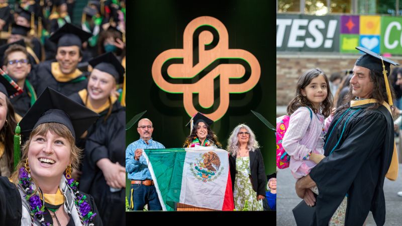 Photo 1: Graduates gathered for selfie.
Photo 2: Student speaker with family delivering speech.
Photo 3: Graduate holding child.