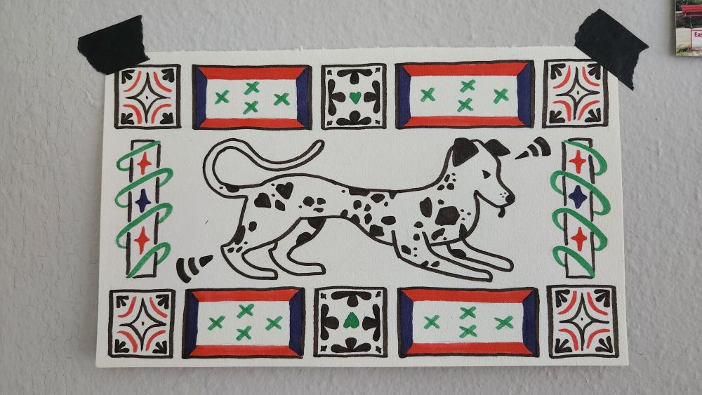 A picture of a marker illustration. There is a grid-like border with simple patterns and designs, surrounding a Dalmatian in the center. The only colors used are black, red, purple, and green. The dog is very long.