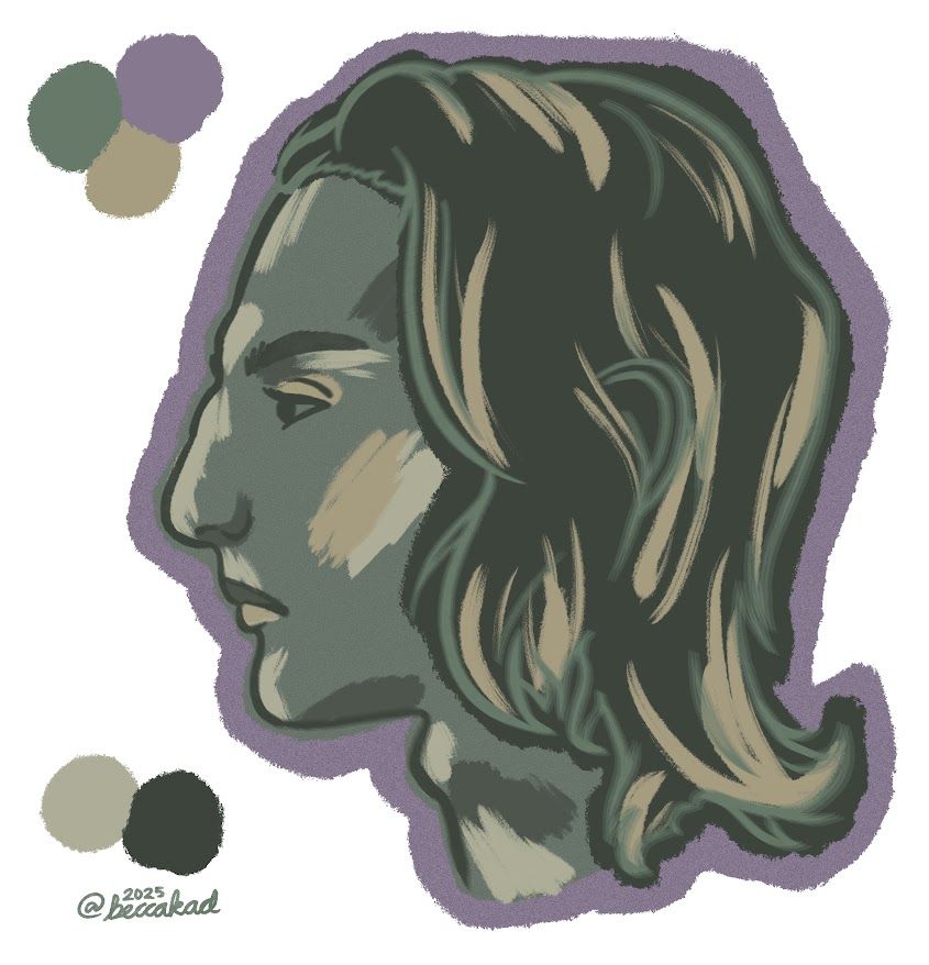 A digital painting of a side profile done in shades of green and yellow, with a lavender bold outline. The shading and highlighting is roughly done so that the brushstrokes are visible, and the lineart is clear by the face but gets slightly blurred towards the back of the head. All five colors used are blobby swatches off to the side.