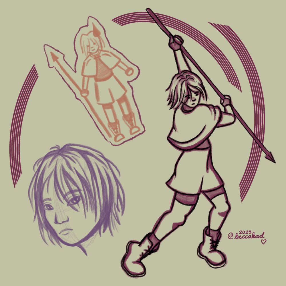 Three separate drawings of an oc Amelia in different colors and styles. 1) A dark red, full body, semi-realistic version of her in action, about to strike with her spear. There is black lineart over the top of it. 2) An orange, simplified, front facing version with an outline as if it were a sticker. 3) A purple, more realistic sketch of her portrait.