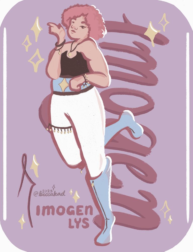 A digital drawing of an oc of mine, Imogen. She's kicking one foot behind her and winking at the camera. Her name is in a big script font behind her, and in a smaller sans serif by her feet. There are yellow sparkly diamonds decorating the whole piece.