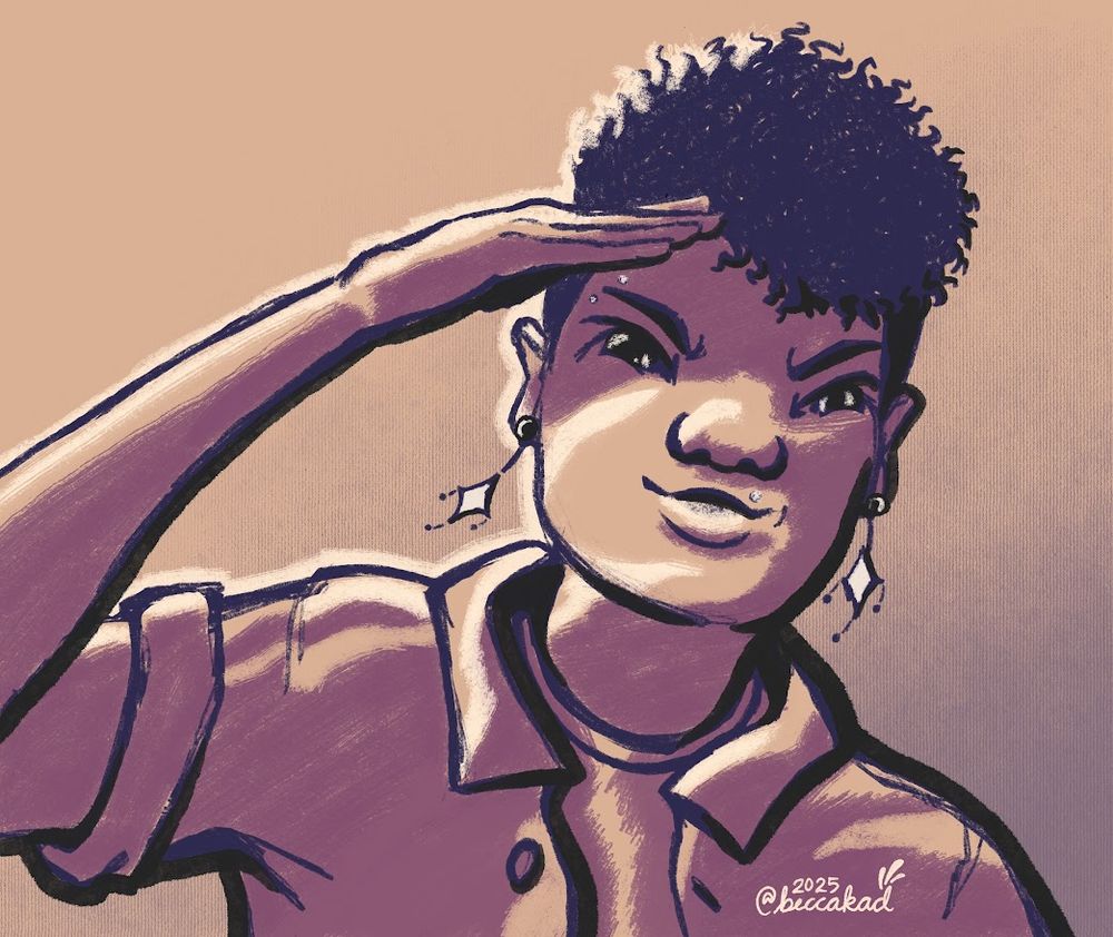 A digital drawing of a woman blocking the sun from her eyes. The color palette is primarily a reddish purple for the shadows with a black outline, and pops of very light orange for highlights. Bonus artist alt text note!! I stared at my own hand for so long trying to figure out how to make it look normal at that angle lol. Hands are weird. I think it turned out pretty good though :)
