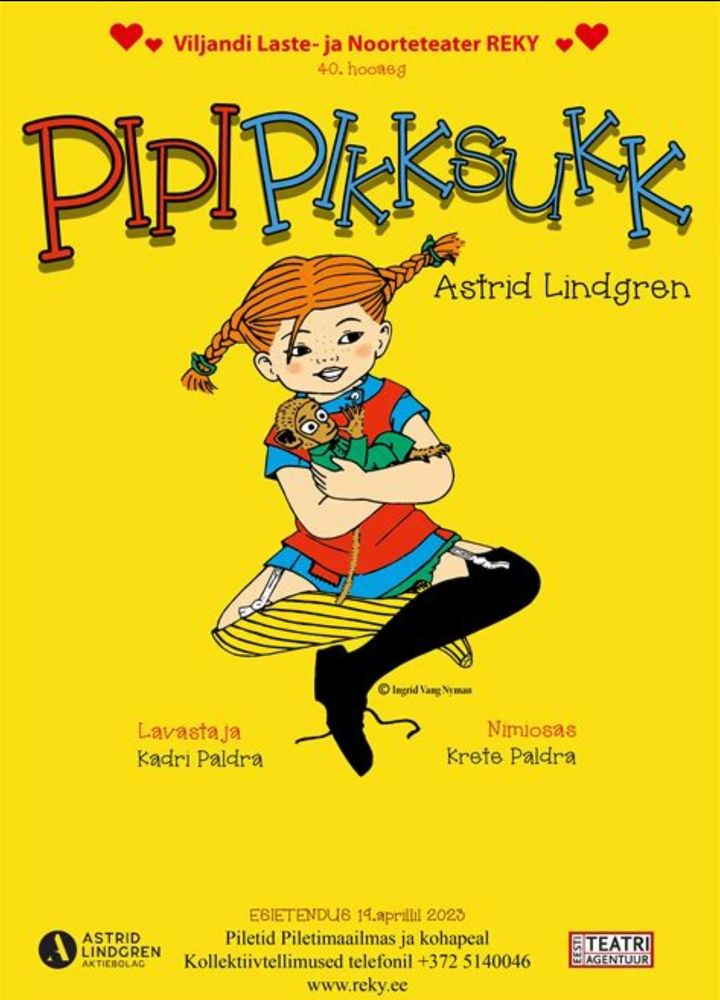 Omslag på estisk Pippi-bok. Tegning av Pippi på gul bakgrunn. Tittelen er Pipi Pikksukk