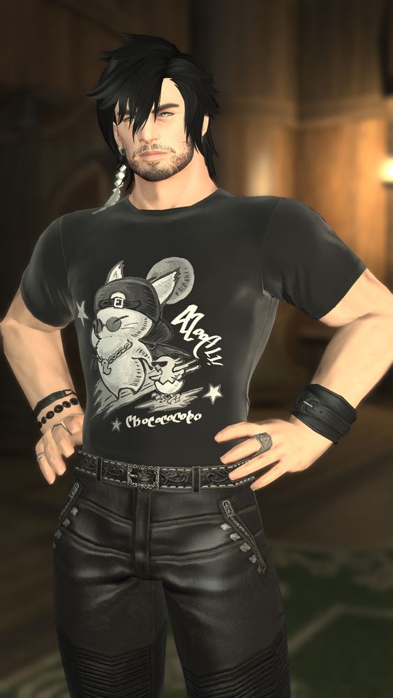 Unmodded Avy again, this time in a tight tee with a moogle graphic that kinda makes him look like the bouncer at a goth club?