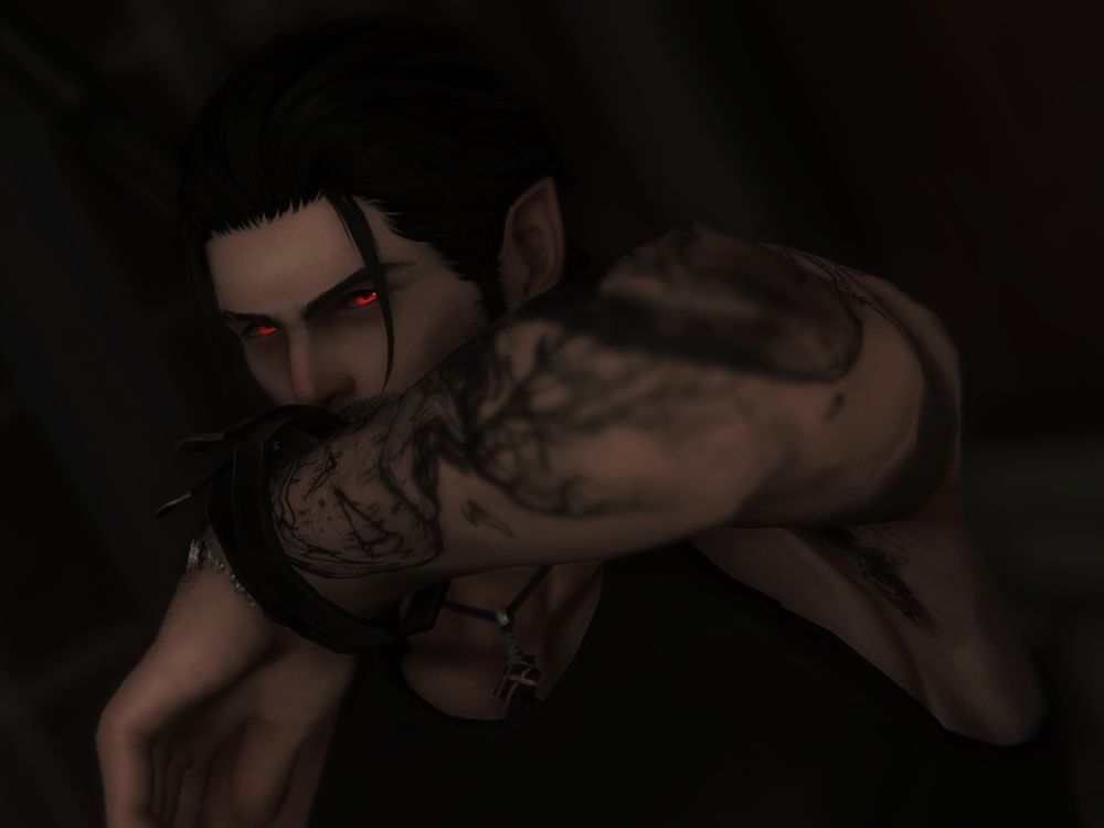 The bottom half of Avy's face is covered by him wiping his mouth. From over his arm, his gaze pierces yours, his eyes now a gleaming crimson - they've been changed indefinitely by all the bloodlust from All Saints' Wake.