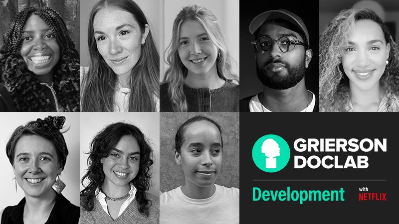 a black and white collage of the eight selected trainees, with Grierson DocLab: Development with Netflix logo in the corner