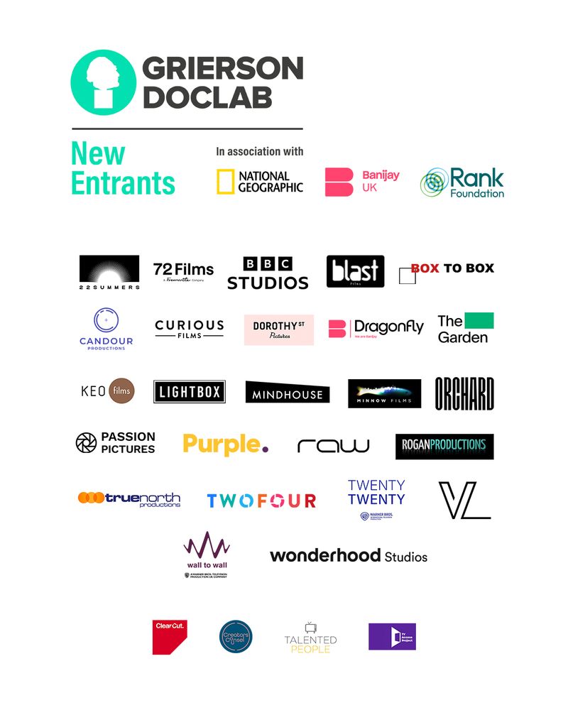 a collage of supporter logos: National Geographic, Banijay UK, Rank Foundation, 22 Summers, 72 Films, Candour, Curious Films, Mindhouse Productions, Orchard Studios, Twofour, Ventureland, Purple (as part of Objective Media Group, an All3Media Company, BBC Studios, Blast Films, Box to Box, Dorothy Street Pictures, Dragonfly, The Garden, KEO Films, Lightbox, Minnow Films, Raw TV, Rogan Productions, True North, TwentyTwenty, Wall to Wall, Wonderhood, Passion Pictures, Clear Cut, Creators Council, Talented People and The TV Access Project.