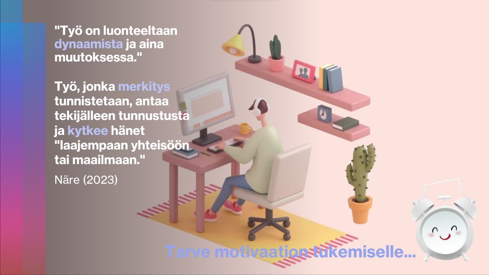 Kuvassa on nuori tietokoneella. Kuvassa puhutaan työelämästä muuttuvana ja siinä, miten tärkeää nuorelle on löytää työelämän merkitys omakohtaisesti. Motivaation syntymiseen tarvitaan aikuisten tukea.