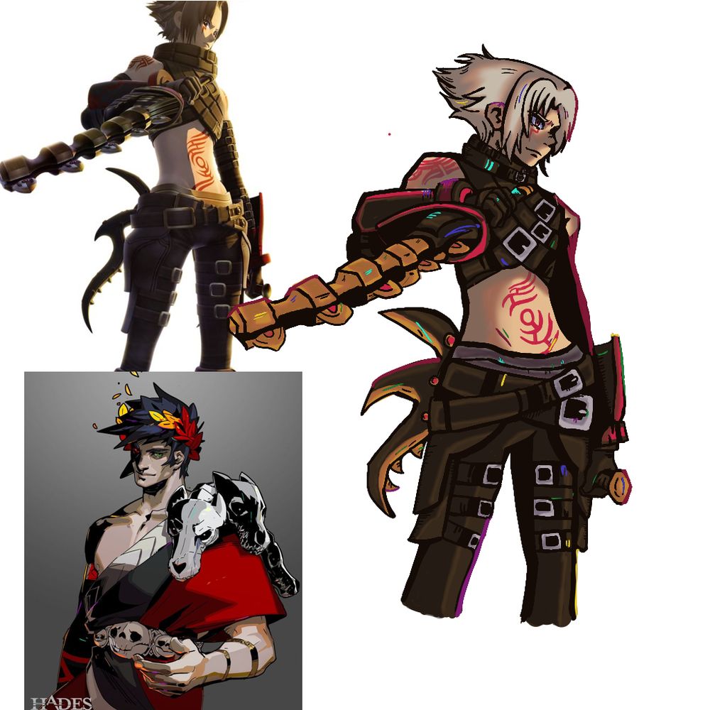 On the left we have images of Haseo from the video game .Hack GU, and Zagreus from Hades. On the right is a stylized mash up of the two styles in order to depict Haseo in the Hades art style.