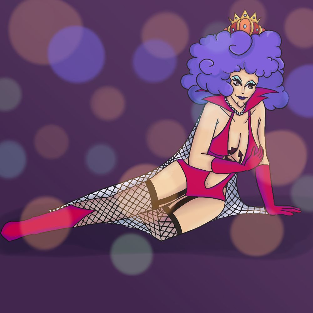 Empiro Ivankov from One Piece in their feminine form, laying on their side, clutching their breast while looking at the viewer. Their pose is reference to famous drag queen Sasha Colby.