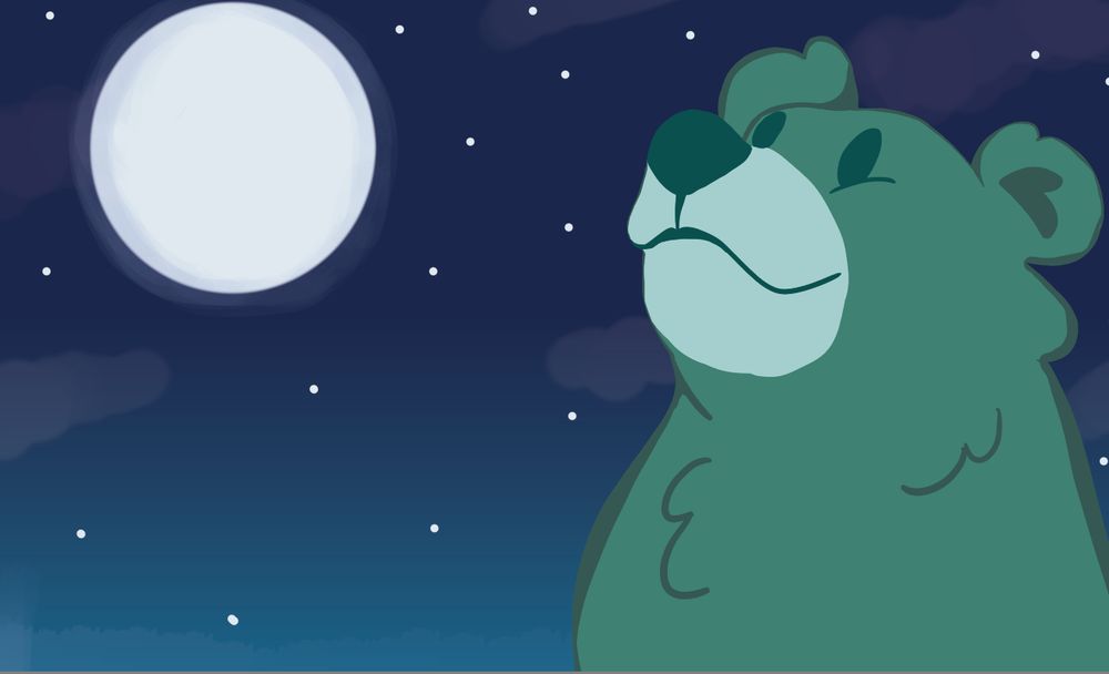 A cartoon green bread looking up at the full moon on a starry night