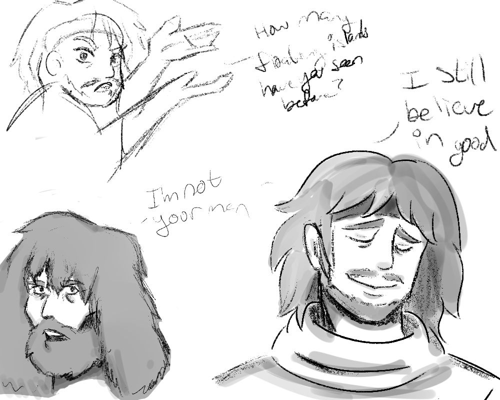 On the top left we have a younger Odysseus pointing to the sky asking, "How many floating islands have you seen before?" His expression is one of exasperation. On the lower left we have an older, thinner Odysseus with over grown facial hair saying, "I'm not your man." The single image on the right is an image of Odysseus naively stating that he still believes in goodness. The rest of the musical would prove that's a lie.