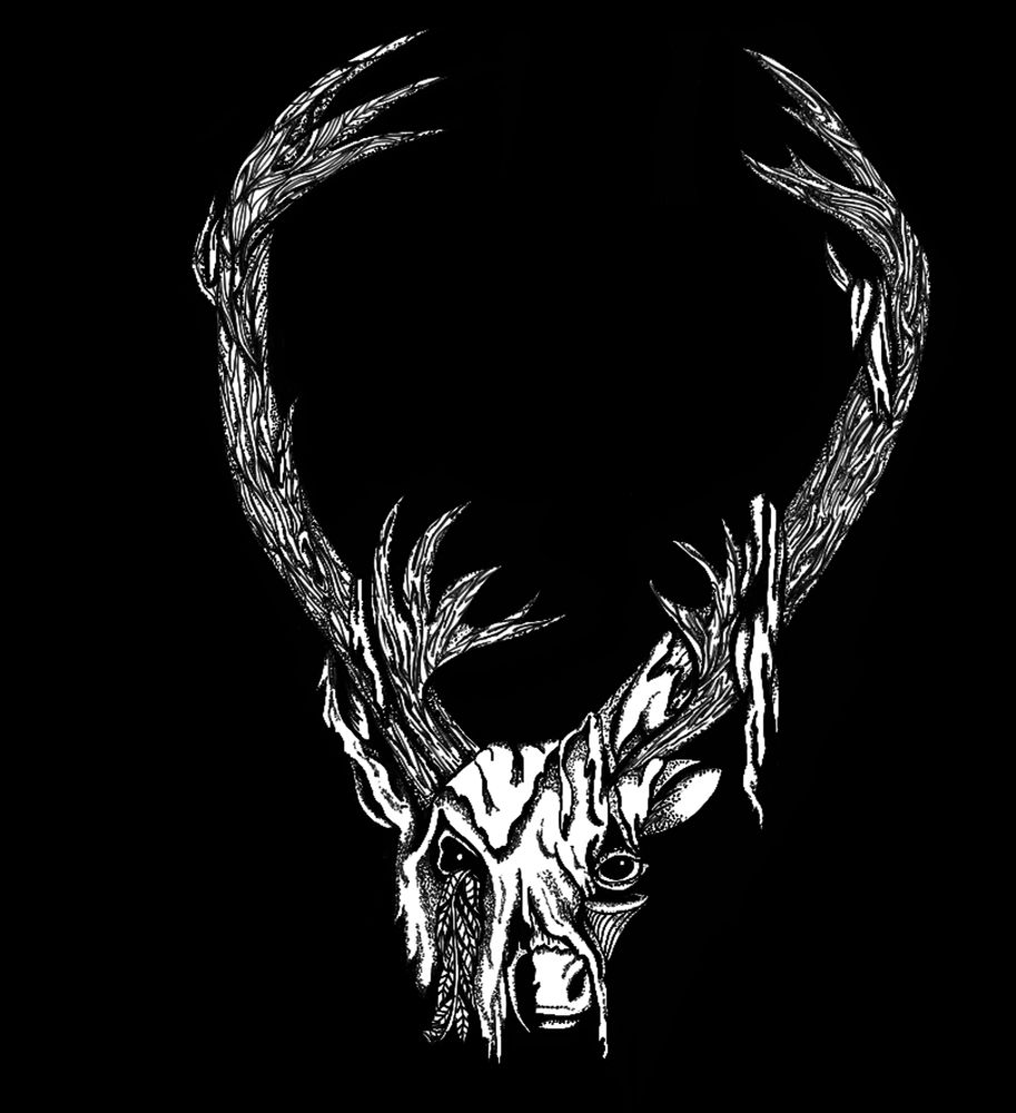 A black and white image of a deer  head that is shedding the velvet of their antlers. Within the image there is extremely small and detailed cross hatching techniques to stylize the image.