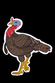 A cartoonish, stylized version of a North American Turkey that appears happy as it lifts one leg. It has a white border around it 