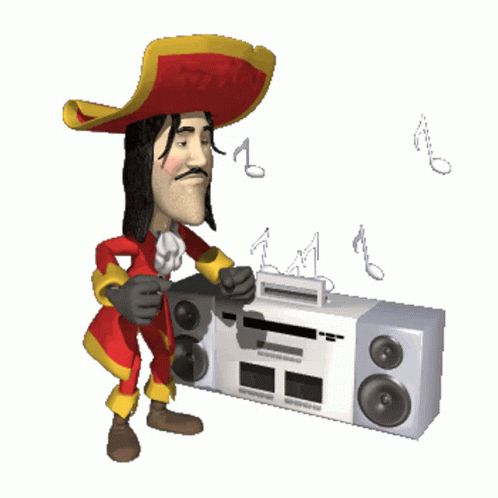 A 3D cartoon pirate dances next to a boombox.