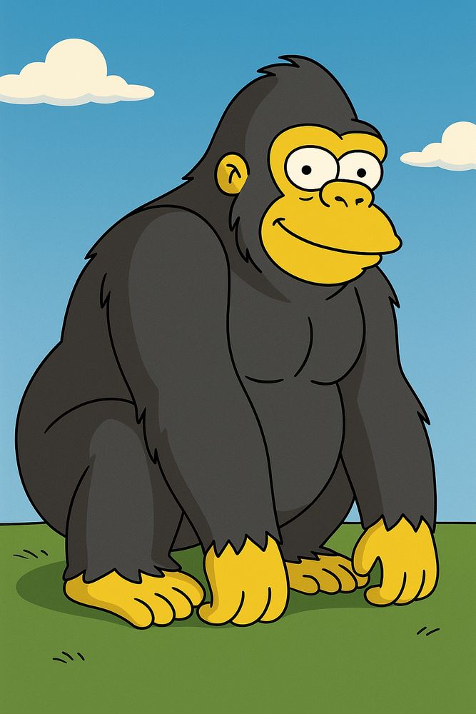 Auf einer Wiese vor blauem Himmel hockt ein Gorilla mit gelbem Gesicht und gelben Händen und Füßen. Comic Style. KI-Generiert