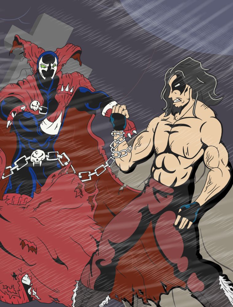 Warhorse battles Spawn in a rainy graveyard. 