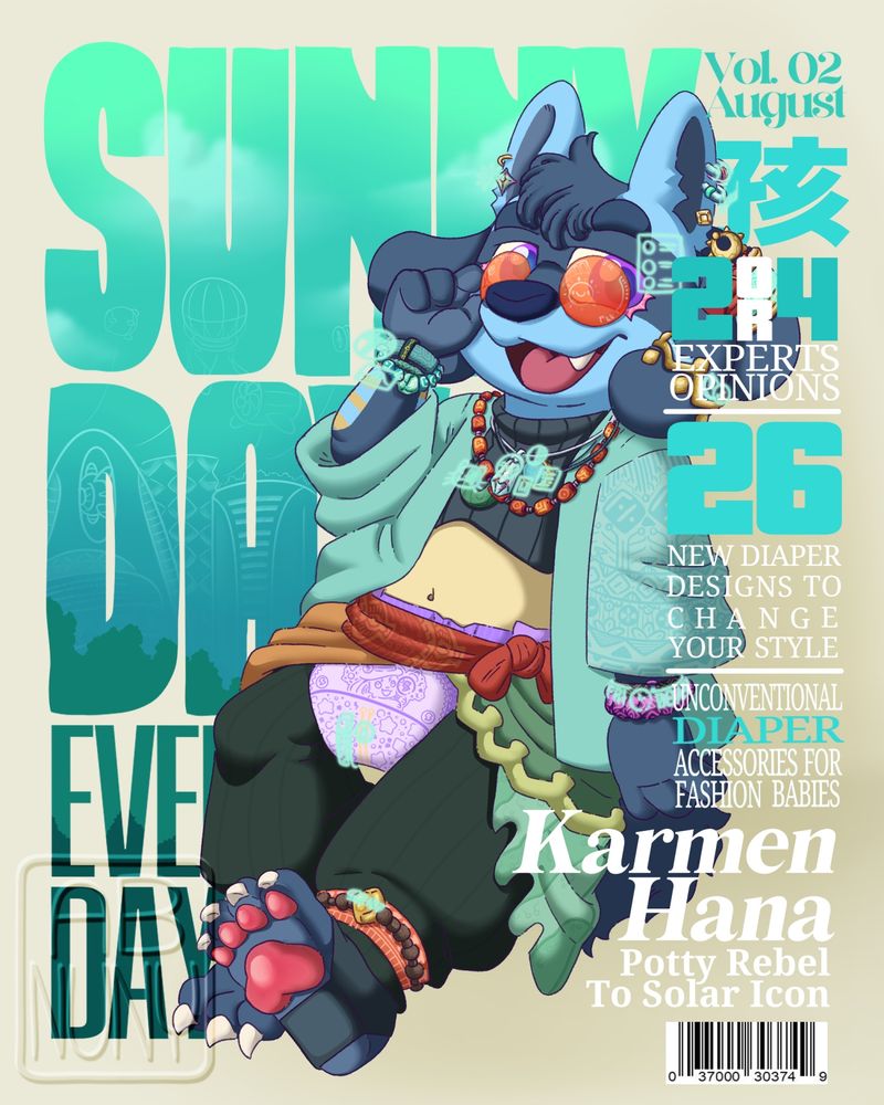 Lucario/Luxray hybrid furry, dressed in a mix boho and solarpunk outfit posing for a magazine cover