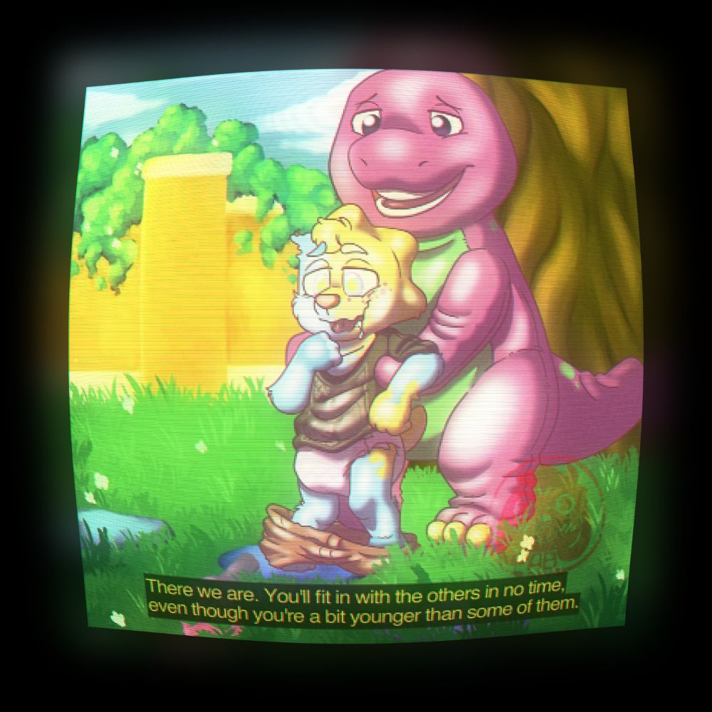 Barney helping Austin the bunny stand as he slowly regresses and transform into a yellow triceratops set in the grassy fields of the Barney set and the image made to look like a crt tv