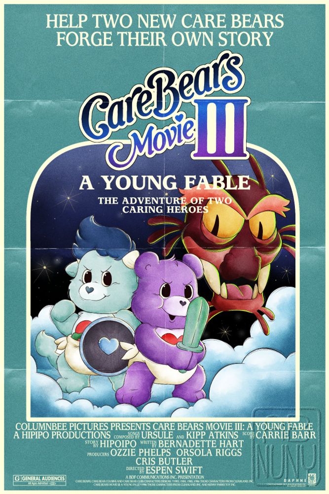 A pic of Young and Fable as care bears in an old care bears movie poster. Young holding a sword with Fable behind them holding a shield. An ominous disembodied head of no-heart dragon
