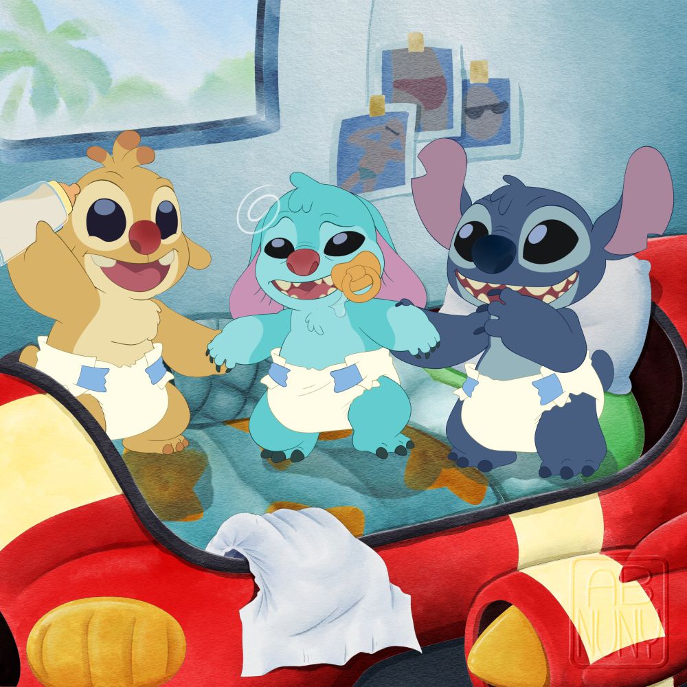 Diapered reuben and stitch helping a new diapered cousin up to his feet 